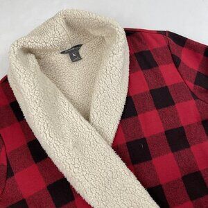 Eddie Bauer Buffalo Plaid Cardigan Women’s S Sherpa Lined Open Front Black Red